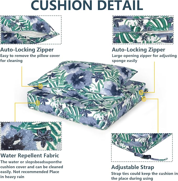DYTXIII Outdoor Deep Seat Cushion Set, Water Repellent 24"x24" Patio Thick Cushions Replacement with Seat & Back Pillow for Patio Sofa, Wicker Chair, Couch - Blue Salmone Tropical