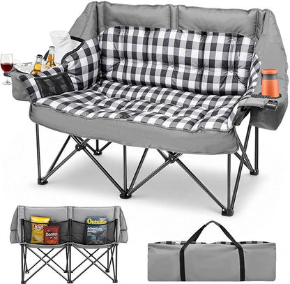 HOPERAN Double Camping Chair 800lbs Camping Couch Folding Loveseat, Grey | 59" Wide Seat, 600D Fabric, Thickened Padding, Cooler Bag, Side&Rear Pocket, Cup&Wine Glass Holder, for Lawn Patio Beach