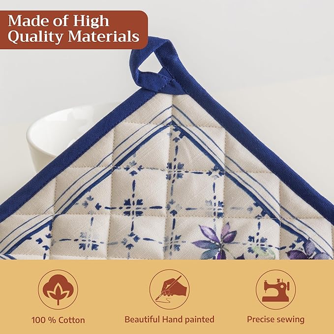 Maison d' Hermine Pot Holders 100% Cotton Heat Resistant Potholders 8" x 8" Hot Pads with Loop BBQ Cooking Baking Hotel Farmhouse Kitchen Handling Hot Pans Spring Summer (Pack of 2, Faience)