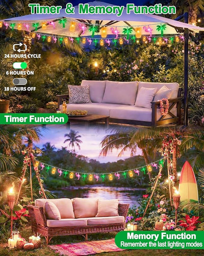 50 LED 25ft Summer Hawaiian Beach String Lights Outdoor with Remote, Flamingo Pineapple Palm Tree Fairy Twinkle Lights Battery Operated with 8 Modes & Timer for Tropical Party Beach Pool Decorations