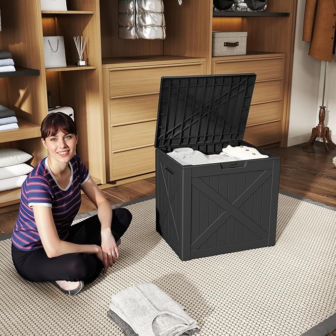 PatioZen 32 Gallon Resin Deck Box, Lockable Outdoor Storage Box for Patio Cushions Storage Furniture,Garden Tools, Pool Supplies, Weatherproof and UV Resistant (Black)