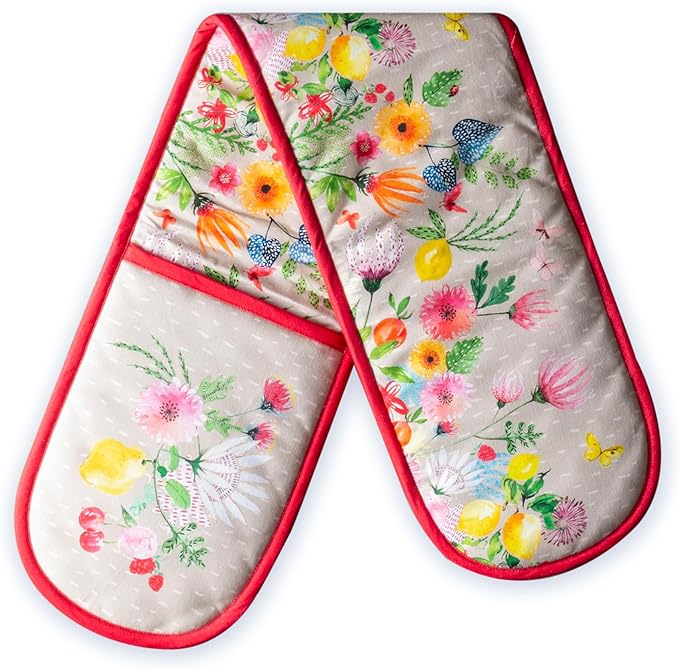 Maison d' Hermine Double Oven Mitts 100% Cotton 7"x35" Double Oven Mitt Heat Resistant BBQ Cooking Gloves with Loop Baking Grilling Kitchen Hotel Home Farmhouse Spring Summer (Jardin D'Ete - Fog)