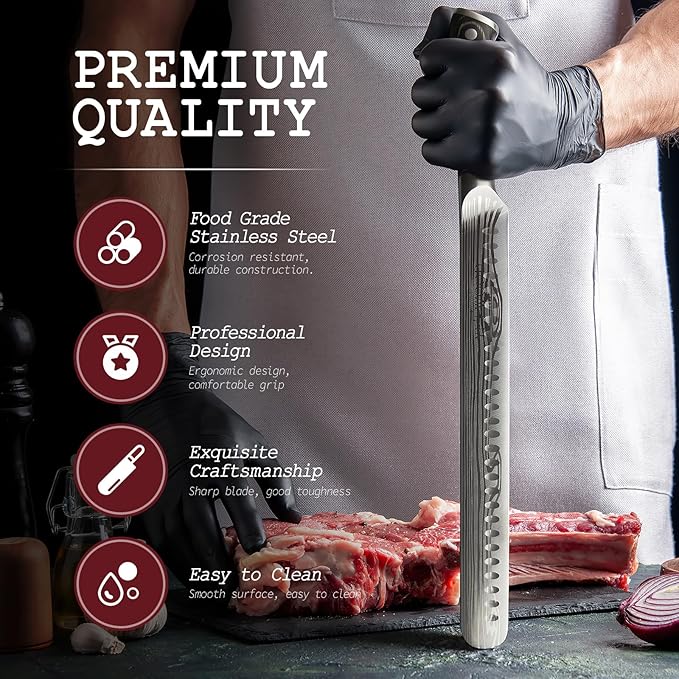 YFWOOD 12 Inch Brisket Knife – Professional BBQ Slicing Knife for Meat Carving, Razor Sharp German Steel, Full Tang, Ergonomic Handle, Perfect for Beef Brisket, Prime Rib, Roast