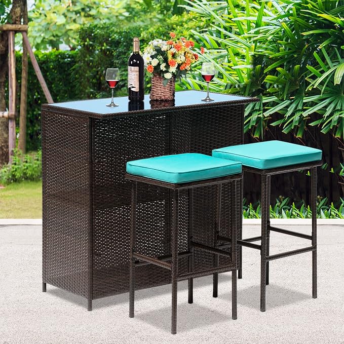3PCS Patio Bar Set Outdoor Furniture Set Wicker Bistro Set with Two Stools for Patio Backyard Balcony,Blue Cushion