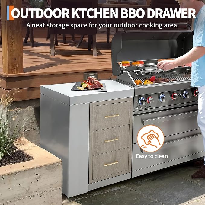 PeakPursuit Stainless Steel Outdoor Kitchen Drawers - Heavy Duty Weather-Resistant with Built-in Paper Towel Holder, Flush Mount for BBQ Island & Grill Station, 17" W x 30" H x 21" D