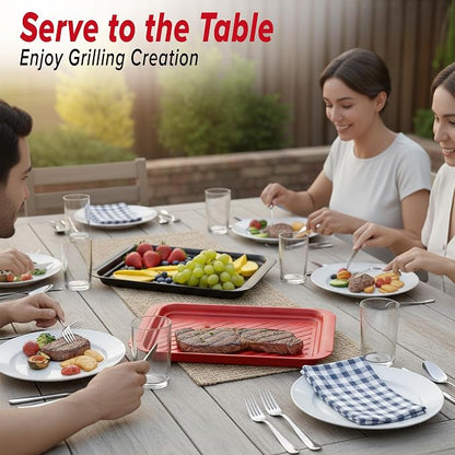 2PCs Prep and Serve Trays, 17" x 10.5" Melamine Deep Grilling Prep & Serve Trays, Melamine Trays | Serving Tray & Marinating Tray, BBQ Platters for Raw and Cooked Food, Serving Trays (Red, Black)