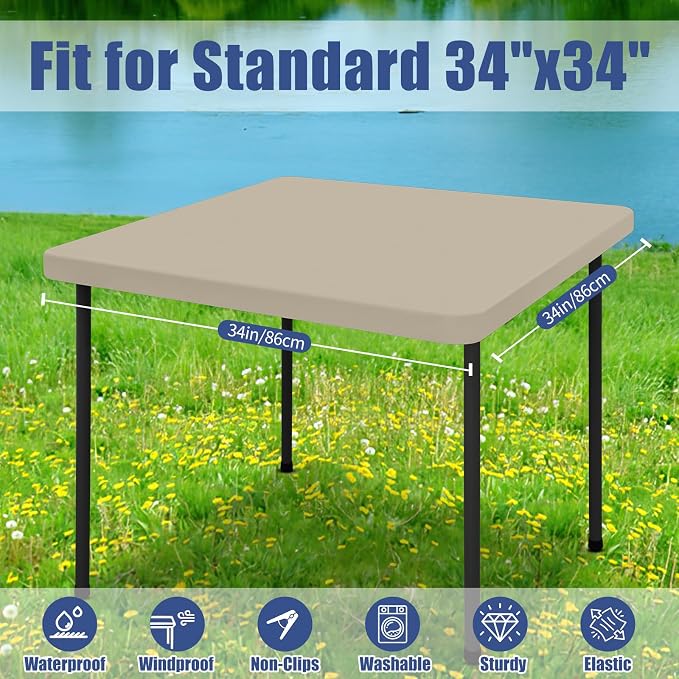 Moosfor 2 Pack Square Spandex Fitted Table Cloth, Elastic Tablecloth | Washable Picnic Table Cover, Stretch Waterproof Table cloths for Party, Patio, Dining, Kitchen, 34" x 34", Taupe