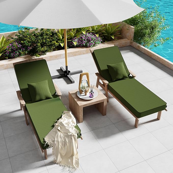 Outdoor Water-Resistant Olefin Chaise Lounge Cushions with Pillow, Weather and Fade Resistant Patio Furniture Lounge Chair Cushion Ideal for Patio, Lawn, Garden, Matcha, 80" L x 26" W x 5" T