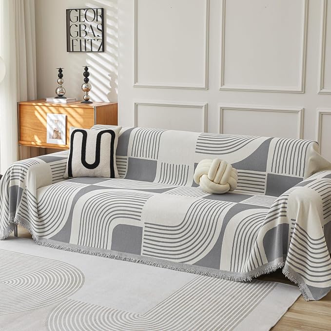 WEYOND Boho Couch Cover, Chenille Sofa Covers Washable, 91" x 150", Grey | Couch Covers for 3 Cushion Couch Sofa Pet Friendly, Bohemian Sofa Slipcovers for Sectional Sofa, Loveseat, 2 3 4 Seater