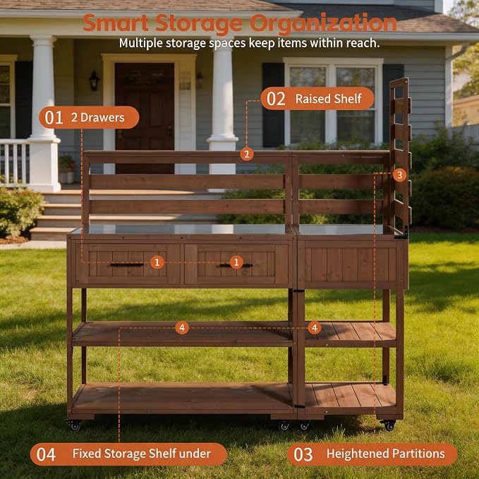 62 Inch Patio Kitchen Island with Stainless Steel Top, Brown | Brown fir wood, stainless steel top, garden or patio, raised shelf, 2 drawers, lockable wheels, modular design, 62.3 in L