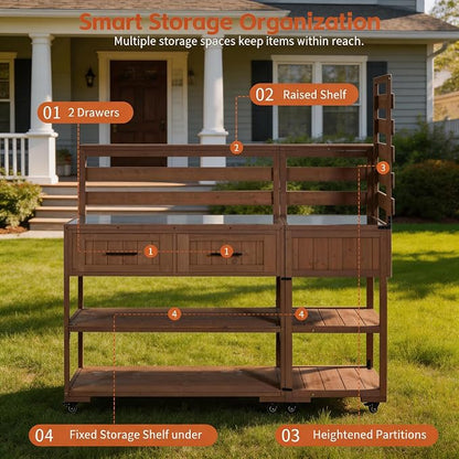 62 Inch Patio Kitchen Island with Stainless Steel Top, Brown | Brown fir wood, stainless steel top, garden or patio, raised shelf, 2 drawers, lockable wheels, modular design, 62.3 in L