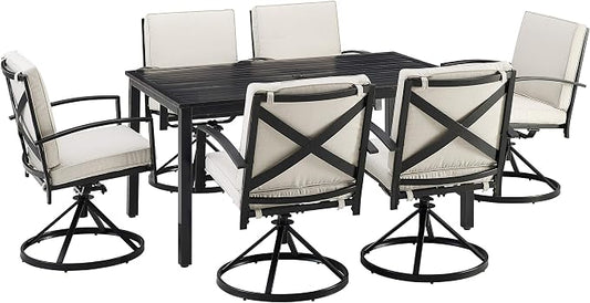 Crosley Furniture Kaplan 7-Piece Outdoor Dining Set for 6, Patio Table and Chairs for Backyard, Deck, Oiled Bronze with Oatmeal Cushions