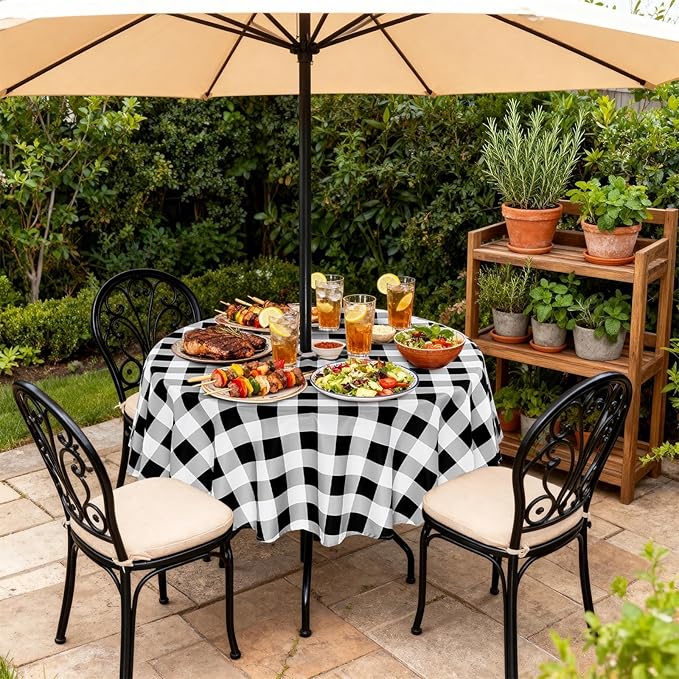 Poise3EHome Round Outdoor Tablecloth with Umbrella Hole and Zipper,Black and White Gingham 70 Inch,SpillProof Washable Table Cloth for Spring Summer Patio Garden Poolside Picnic Camping BBQS