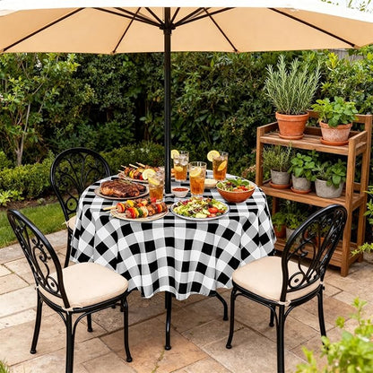 Poise3EHome Round Outdoor Tablecloth with Umbrella Hole and Zipper,Black and White Gingham 70 Inch,SpillProof Washable Table Cloth for Spring Summer Patio Garden Poolside Picnic Camping BBQS