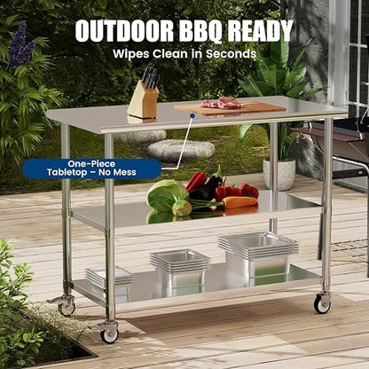 Stainless Steel Work Table with Wheels, 24x60 Inch NSF Kitchen Prep Table with 2 Adjustable Undershelves for Commercial Restaurant, Garage, Outdoor BBQ