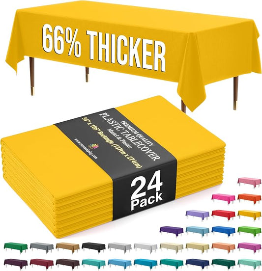 Exquisite 66% Thicker Premium Plastic Table Cloth Rectangle Table Cover 0.5 Mil 24 Pack Yellow Table Cloth 54 Inch x 108 Inch Disposable Tablecloth Won't Tear Easily Like Cheap Thin Brands