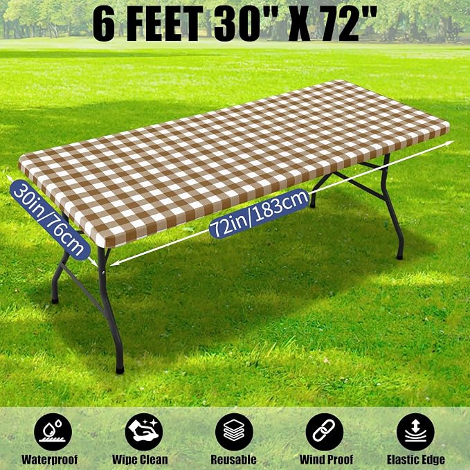 Smiry Picnic Table Cloth 2 Pack, Waterproof Elastic Fitted Tablecloths for 6FT Rectangle Tables, Washable Polyester Buffalo Plaid Tablecloth for Camping, Dining & Outdoor (Brown & White, 30" x 72")