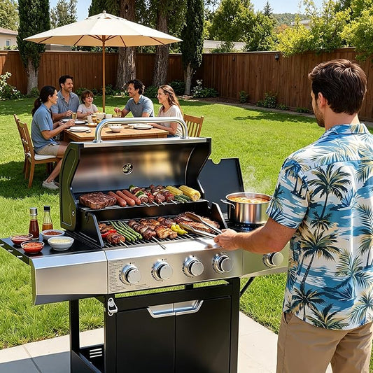 EUHOME Upgraded 51,000 BTU 4-Burner Propane Gas Grill with Side Burner – Large 452 sq.in Porcelain-Enameled Cast Iron Grates, Stainless Steel Body, 4 Swivel Casters for Backyard Patio & Tailgating