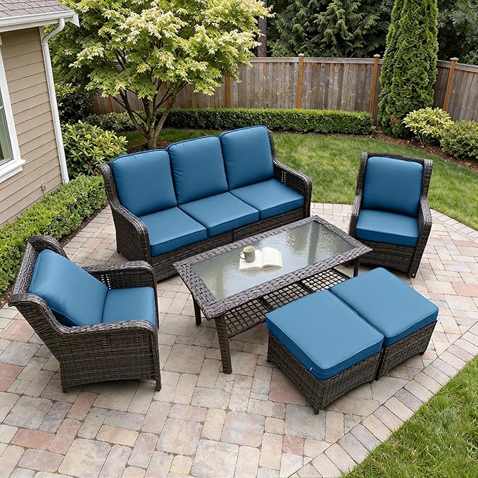 6 Piece Outdoor Patio Furniture Set, High Back Chairs with Extra Thick Cushions, Outdoor Sectional Sofa Sets with Coffee Table & Ottomans for Porch Balcony Deck Yard, Peacock Blue