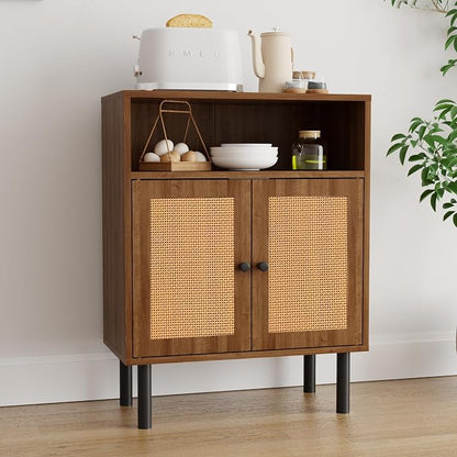 Rattan Storage Cabinet, Boho Accent Cabinet with Double Doors | Small Freestanding Sideboard for Hallway, Laundry Room,Kitchen, Dining Room, Entryway (Walnut)