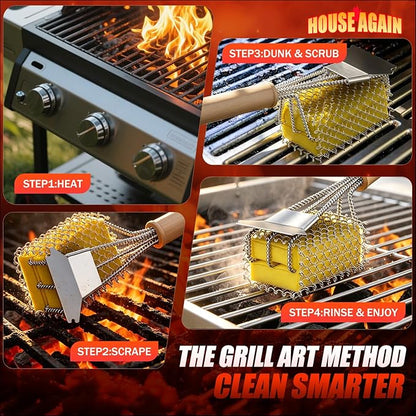 Bristle-Free Grill Brush with Scraper - Safe Steam Clean BBQ Brush with 18" Heat-Resistant Handle, 304 Stainless Locked-Core Mesh Head & HD Scraper | No Loose Wires Design | Grill Grate Cleaner Tool