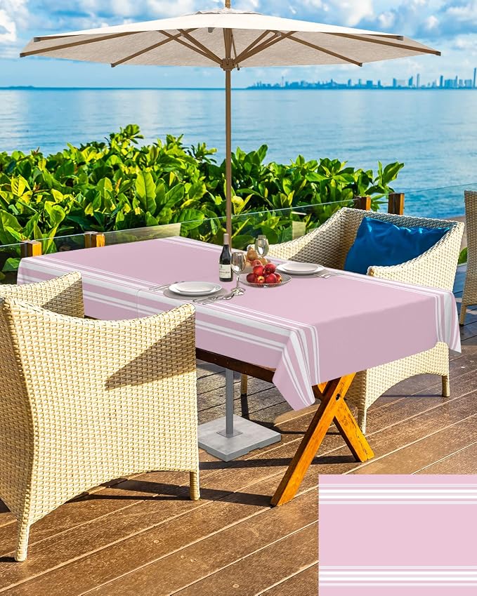 QueenKer Outdoor Tablecloth with Umbrella Hole, Farmhouse Pink White Stripe Rectangle Tables Waterproof Tabletop Collection for Patio, Garden, Picnic, Camping, Dining 52 x 70 inch