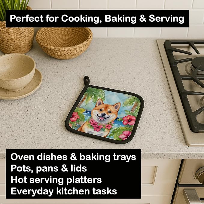 Caroline's Treasures Shiba Inu Luau Pair of Pot Holders Kitchen Heat Resistant Pot Holders Sets Oven Hot Pads for Cooking Baking BBQ, 7 1/2 x 7 1/2