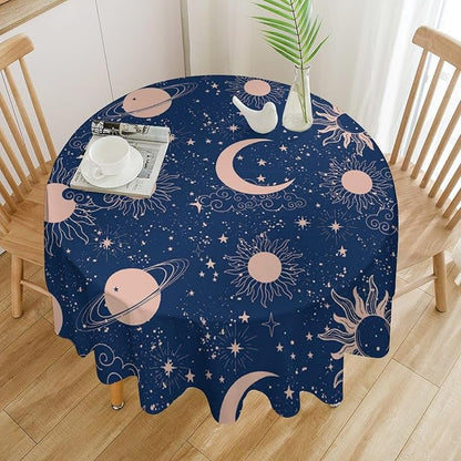 Moon Sun Round Tablecloth Vintage Star Magical Galaxy Space Boho Celestial Table Cloth Water Resistant Wipeable Table Cover for Farmhouse Picnic Party Holiday Kitchen Dinner Table 50"