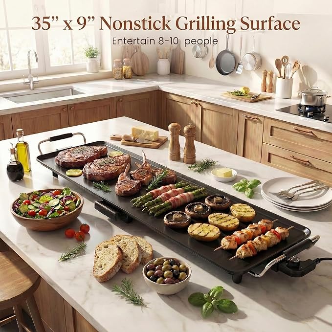 SIMOE 35 Inch Large Electric Griddle, Teppanyaki Grill BBQ with 4-Level Adjustable Temperature, Insulated Handles & Drip Tray, Indoor Outdoor Extra Long Griddle Pan Electric for Party, Home, Camping