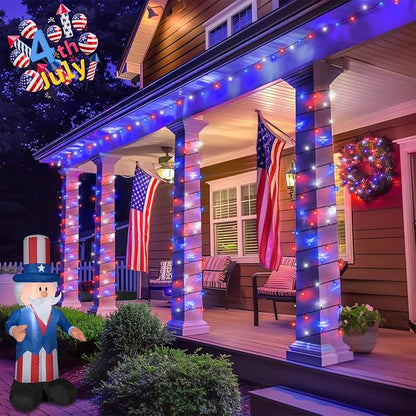YEGUO Solar String Lights Outdoor Waterproof, 2 Packs Each 33ft 100 LED Red White Blue Lights, 8 Modes 4th of July Lights for Independence Memorial Day Decor