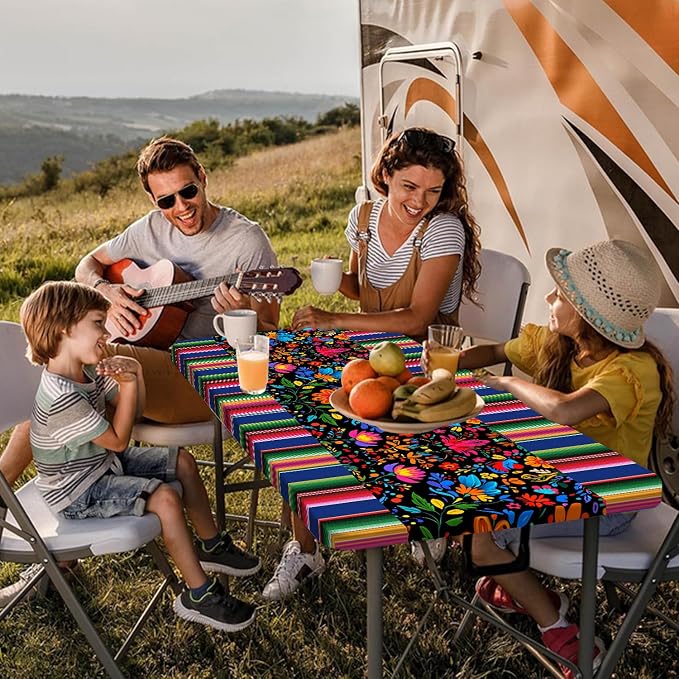 Mexico Picnic Table Cover with Bench Covers and Bag, Camping Essentials, Cinco De Mayo Fiesta Stripes Fitted Table Cover, 6ft Outdoor Tablecloth Waterproof Windproof with Elastic Edge 3 PCS 30x96 Inch
