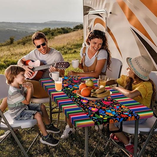 Mexico Picnic Table Cover with Bench Covers and Bag, Camping Essentials, Cinco De Mayo Fiesta Stripes Fitted Table Cover, 6ft Outdoor Tablecloth Waterproof Windproof with Elastic Edge 3 PCS 30x72 Inch