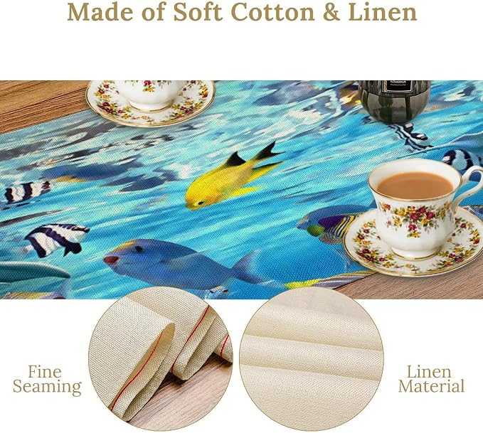Under Sea World Table Runner, Ocean Underwater Tropical Animal Fish Dolphin Summer Pattern for Family Dinner Holiday Party Kitchen Vintage Nautical World Map Underwater Ocean Animals 13x90In