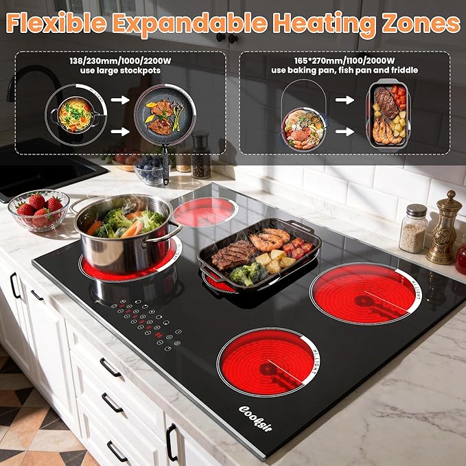 Electric Cooktop 30 Inch - 5 Burner Electric Stove Built-in(29.13"x19.3") 8400W High Power, 30 In Ceramic Stove Touch Control with Timer, Safety Lock, Glass Metal Frame, 220-240V Hard Wired