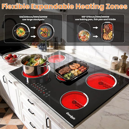 Electric Cooktop 30 Inch - 5 Burner Electric Stove Built-in(29.13"x19.3") 8400W High Power, 30 In Ceramic Stove Touch Control with Timer, Safety Lock, Glass Metal Frame, 220-240V Hard Wired