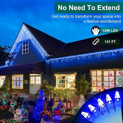 1296 LED 131FT Christmas Icicle Lights, 288 Drops, Twinkle Lights, 8 Modes | Blue icicle string lights with timer and weather-resistant construction for rooflines, wide eaves, storefronts and events.