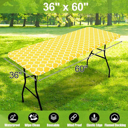 Smiry Picnic Fitted Table Cover, 5 Foot Flannel Backed Vinyl Tablecloth | Waterproof Elastic Stretch Table Cloth, Wipeable Plastic Tablecloth for Camping, Indoor & Outdoor (Yellow, 36" x 60")
