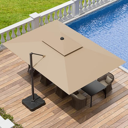 9x12 FT Patio Umbrella with base, Large Cantilever Rectangular Double Top Heavy Duty Offset Umbrellas with 360° Rotation, Outdoor shade for Garden Deck Pool, Tan