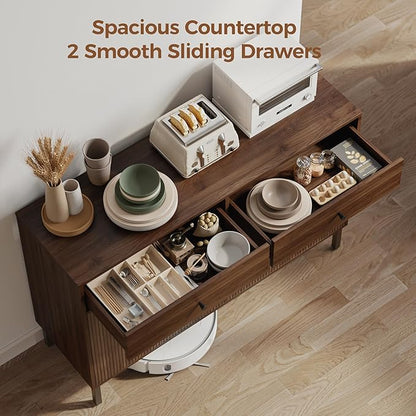 Mericonia Farmhouse Buffet Sideboard Cabinet with Storage, Fluted Coffee Bar with Doors and Adjustable Shelves, Modern Wood Console Cabinet with Drawers (4 Door, Walnut 2 Drawer)