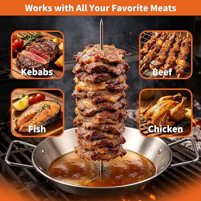 Al Pastor Skewer for Grill, Stainless Steel Vertical Skewer with 3 Removable Spikes (8", 10", 12"), Basting Brushes &Food Tongs, Trompo para Tacos al Pastor, Shawarma Spit Stand for Smoker & Oven