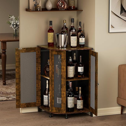 JKsmart 3-Tier Corner Bar Cabinet, Liquor Cabinet with Open Shelf & Door | Space-Saving Corner Design, Home Bar Display for Wine, Liquor & Coffee, Rustic Brown Wine Cabinet for Kitchen and Dining Room