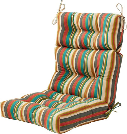 Outdoor Tufted High-Back Chair Cushions, One-Piece Hinged Seat and Back Design, Reversible with 4 Ties, Durable Polyester Fabric, Recycled Fiber Fill - Single, Sunset Stripe - Updated