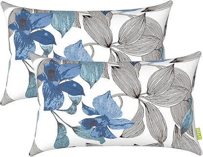 LVTXIII 12×20 Inch Outdoor Lumbar Pillows, Pack of 2 Water Repellent Lumbar Pillow with Inserts, Fluffy Decorative Garden Lumbar Cushions for Home Patio Coach Sofa Use, Clemens Noir Blue