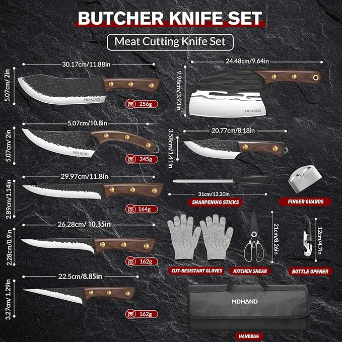 MDHAND Butcher Knife Set, Hand Forged Viking Kitchen Serbian Chef Knife Set with Roll Bag, Heavy Duty Meat Cleaver & Brisket Knives & Meat Cutting Knife for BBQ, Outdoor Camping, Gifts for Men Women