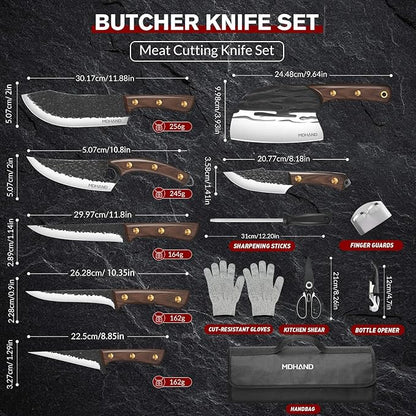 MDHAND Butcher Knife Set, Hand Forged Viking Kitchen Serbian Chef Knife Set with Roll Bag, Heavy Duty Meat Cleaver & Brisket Knives & Meat Cutting Knife for BBQ, Outdoor Camping, Gifts for Men Women