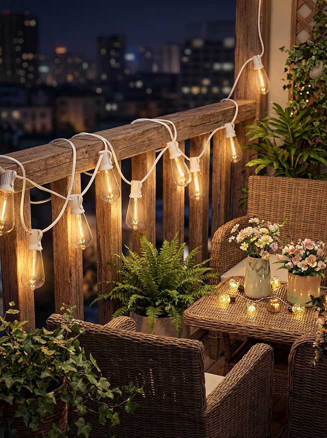 50FT Outdoor String Lights Weatherproof, Patio Lights with 25+2 Shatterproof ST40 Edison Bulbs, Commercial Grade Warm White LED String Lights for Wedding Backyard Christmas Party, White