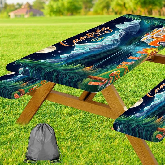 Picnic Table Cover with Bench Covers and Bag, Forest Mountain Lake Fitted Outdoor Table Covers, Camping Essentials, Windproof & Waterproof Tablecloth Cover with Elastic Edge, 3 PCS, 30x96 Inch