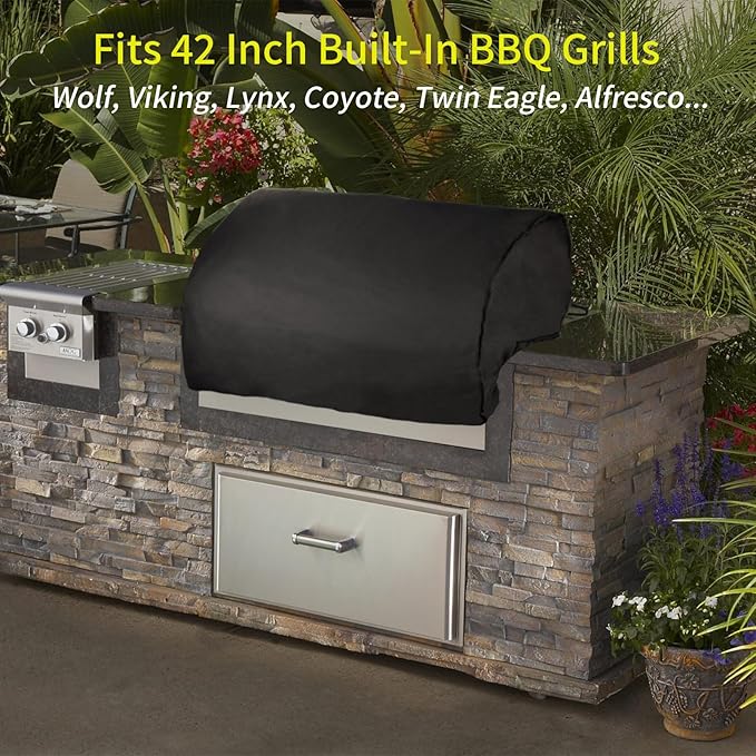 Built in Grill Cover for 42 Inch Outdoor Barbecue Grill Cover for Lynx, Twin Eagle, Wolf, Viking, Coyote, Alfresco, Blaze, Water Resistant Elastic for Snug Fit, 1 Pack Built in BBQ Cover