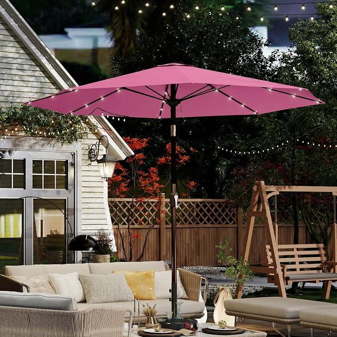 10FT Solar Umbrella 32 LED Lighted Patio Umbrella Table Market Umbrella w/Tilt and Crank, UV-Resistant Outdoor Umbrella for Pool, Garden, Deck, Rose Pink