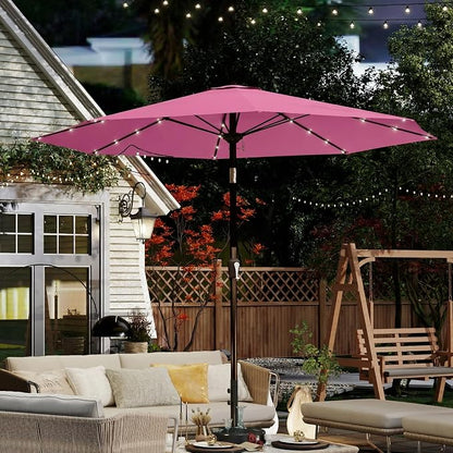 10FT Solar Umbrella 32 LED Lighted Patio Umbrella Table Market Umbrella w/Tilt and Crank, UV-Resistant Outdoor Umbrella for Pool, Garden, Deck, Rose Pink